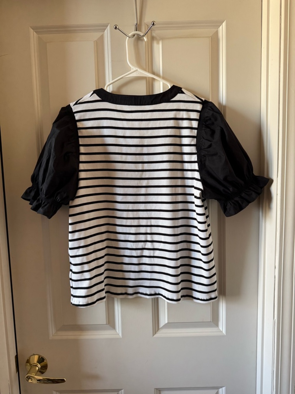 Bailey 44 Black and White Striped Puff Sleeve Henley Top - Picture 5 of 7